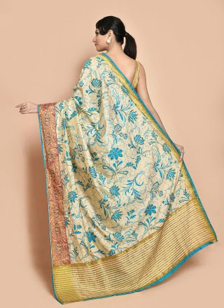 Blue and White Kanjivaram Silk Contemporary Sari with Hand Work for Ceremonial