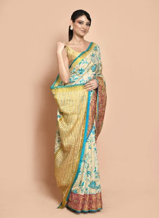 Blue and White Kanjivaram Silk Contemporary Sari with Hand Work for Ceremonial