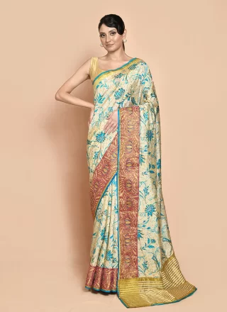 Blue and White Kanjivaram Silk Contemporary Sari with Hand Work for Ceremonial