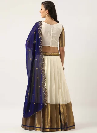 Blue and White Silk Plain Work Lehenga Choli