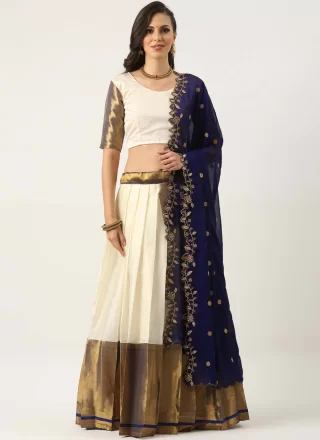 Blue and White Silk Plain Work Lehenga Choli