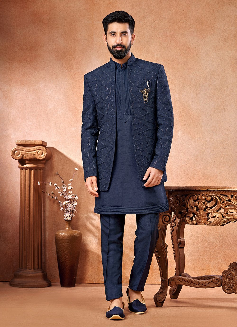 Blue Art Banarasi Silk Jodhpuri Suit with Embroidered and Fancy Work for Men Buy Online