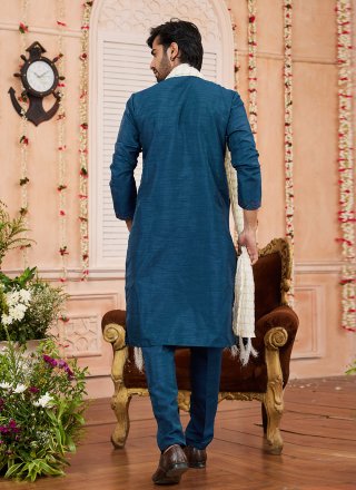 Blue Art Banarasi Silk Patch Border Work Kurta Pyjama for Ceremonial