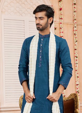 Blue Art Banarasi Silk Patch Border Work Kurta Pyjama for Ceremonial