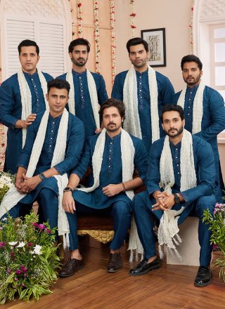 Blue Art Banarasi Silk Patch Border Work Kurta Pyjama for Ceremonial