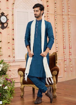 Blue Art Banarasi Silk Patch Border Work Kurta Pyjama for Ceremonial