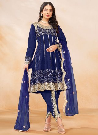 Blue Art Silk Embroidered and Sequins Work Salwar Suit
