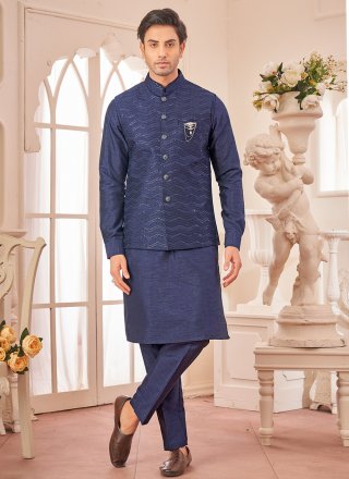 Blue Art Silk Embroidered Work Kurta Payjama with Jacket