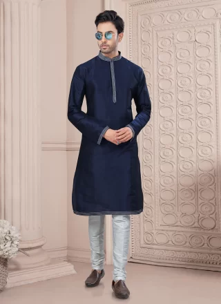Blue Art Silk Kurta Mens Wear with Thread Work