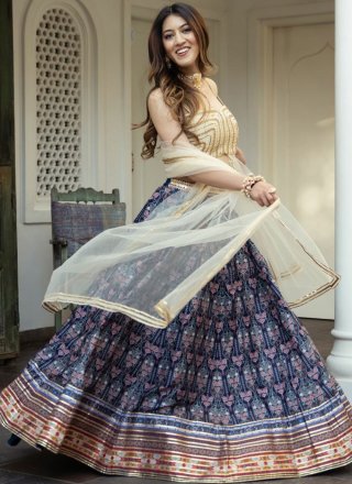 Blue Art Silk Lehenga Choli with Digital Print Work