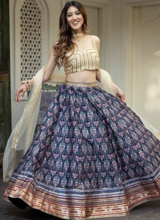 Blue Art Silk Lehenga Choli with Digital Print Work