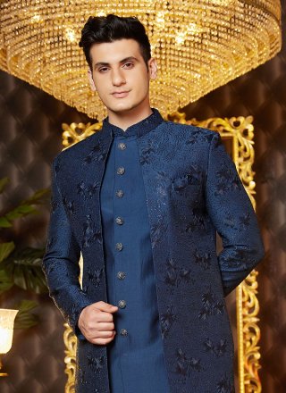 Blue Art Silk Machine Embroidery and Thread Work Indo Western for Ceremonial