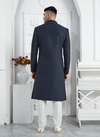 Blue Art Silk Sherwani Mens Wear with Embroidered and Hand Work