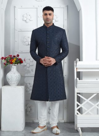 Blue Art Silk Sherwani Mens Wear with Embroidered and Hand Work