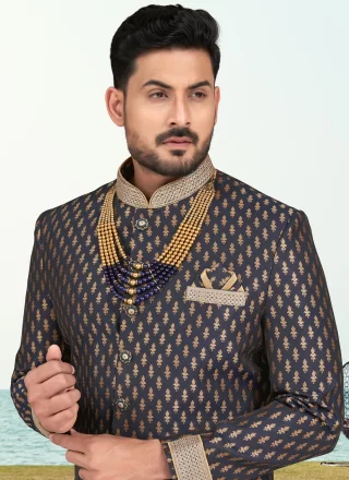 Blue Banarasi Jacquard Buttons, Jacquard, Thread and Zari Work Sherwani Mens Wear for Ceremonial