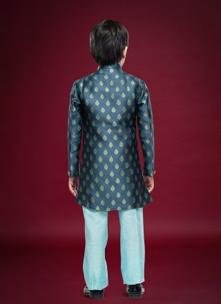 Blue Banarasi Jacquard Fancy Work Sherwani Kids Wear