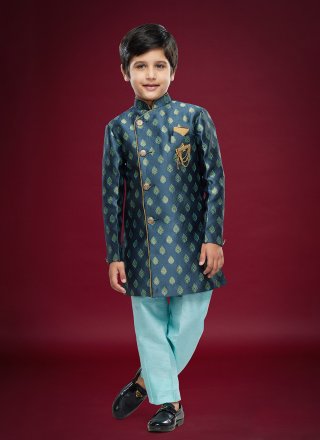 Blue Banarasi Jacquard Fancy Work Sherwani Kids Wear