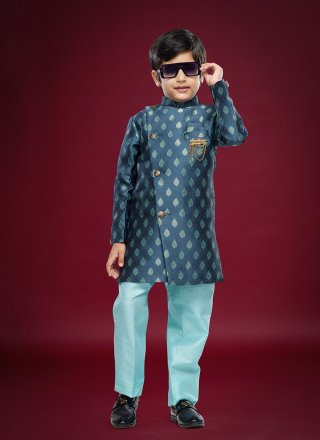 Blue Banarasi Jacquard Sherwani Kids Wear