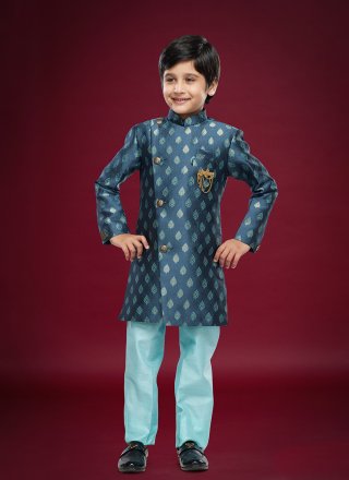 Blue Banarasi Jacquard Sherwani Kids Wear