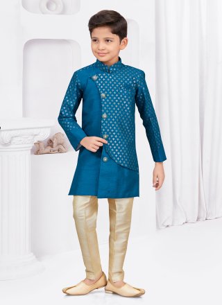 Blue Banarasi Silk Buttons and Thread Work Sherwani Kids Wear for Festival