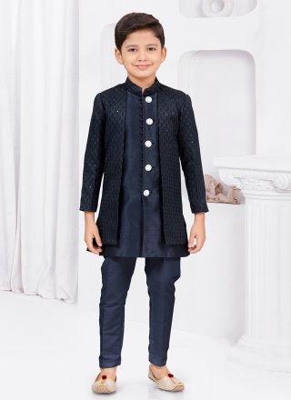 Blue Banarasi Silk Buttons, Fancy and Thread Work Sherwani Kids Wear for Kid
