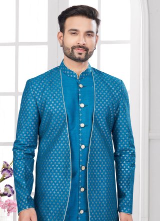 Blue Banarasi Silk Buttons, Machine Embroidery and Thread Work Sherwani Mens Wear for Men