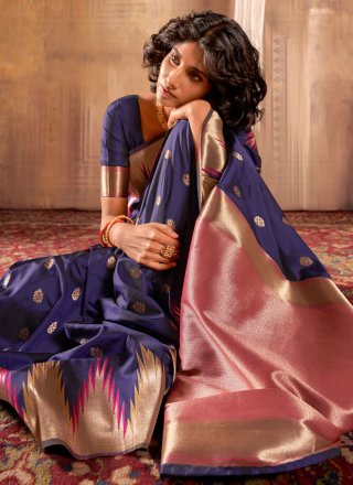 Blue Banarasi Silk Classic Saree with Weaving Work for Ceremonial