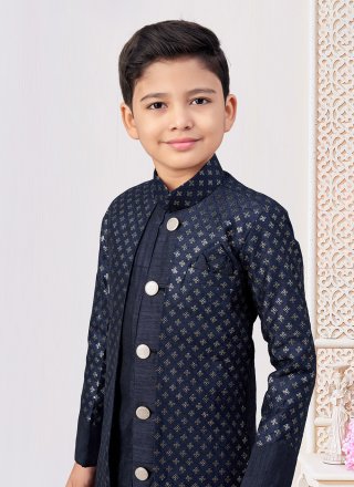 Blue Banarasi Silk Indo Western Sherwani with Machine Embroidery, Stone and Thread Work