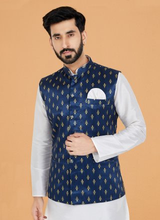 Blue Banarasi Silk Nehru Jackets with Print Work