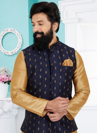 Blue Banarasi Silk Nehru Jackets with Print Work
