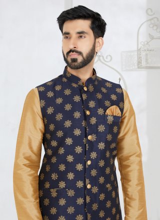 Blue Banarasi Silk Nehru Jackets with Print Work for Men