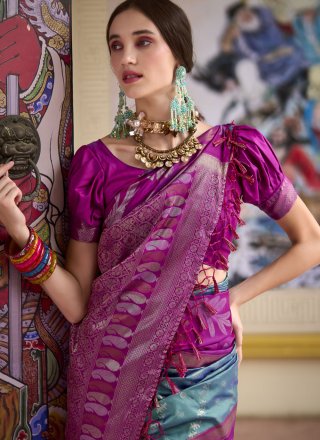 Blue Banarasi Silk Patch Border and Weaving Work Classic Sari for Women