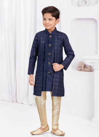 Blue Banarasi Silk Sherwani Kids Wear with Buttons, Stone and Thread Work for Kid