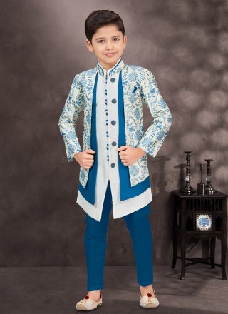 Blue Banarasi Silk Sherwani Kids Wear with Digital Print, Machine Embroidery and Thread Work for Kid