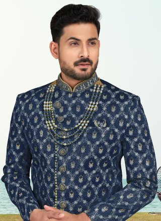 Blue Banarasi Silk Sherwani Mens Wear with Hand, Machine Embroidery and Thread Work