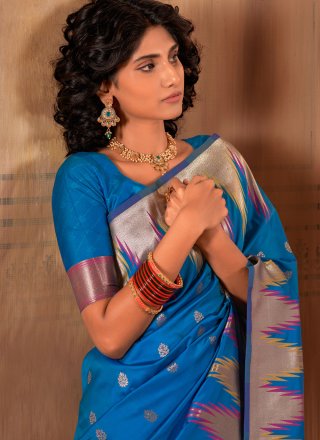 Blue Banarasi Silk Trendy Saree with Weaving Work for Women