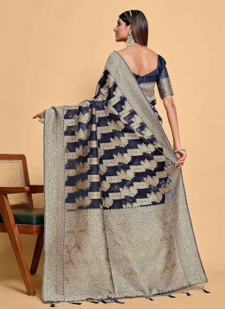 Blue Banarasi Silk Weaving Work Designer Sari