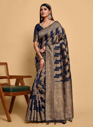 Blue Banarasi Silk Weaving Work Designer Sari
