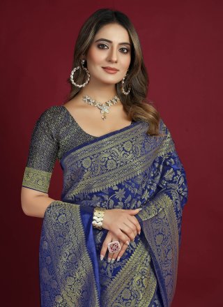 Blue Banarasi Silk Woven Work Classic Sari for Women