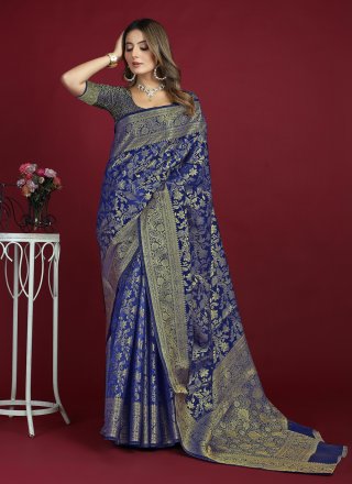 Blue Banarasi Silk Woven Work Classic Sari for Women