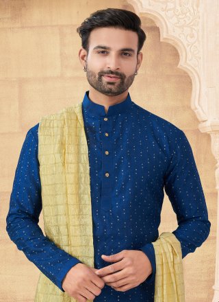Blue Banglori Silk Machine Embroidery and Sequins Work Kurta Pyjama