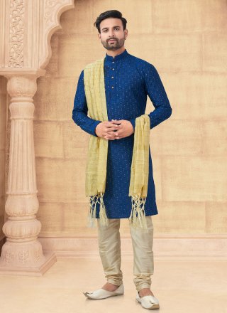 Blue Banglori Silk Machine Embroidery and Sequins Work Kurta Pyjama