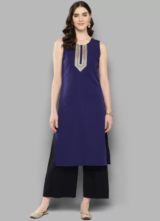 Blue Blended Cotton Embroidered Work Party Wear Kurti