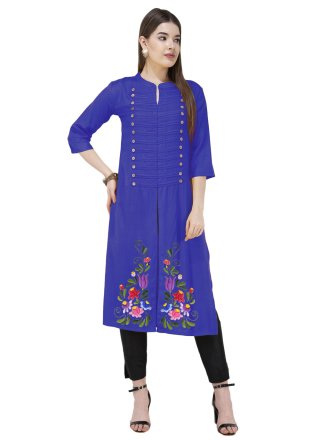 Blue Blended Cotton Embroidered Work Party Wear Kurti for Women