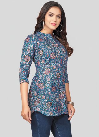 Blue Blended Cotton Party Wear Kurti with Print Work for Women