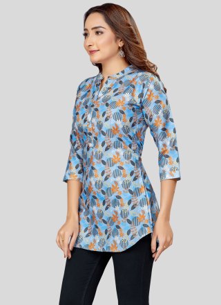 Blue Blended Cotton Print Work Designer Kurti for Women