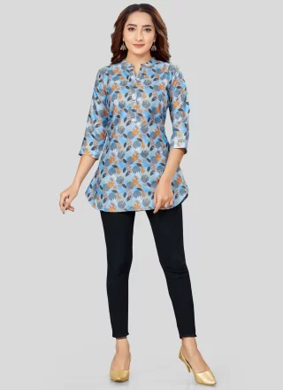 Blue Blended Cotton Print Work Designer Kurti for Women
