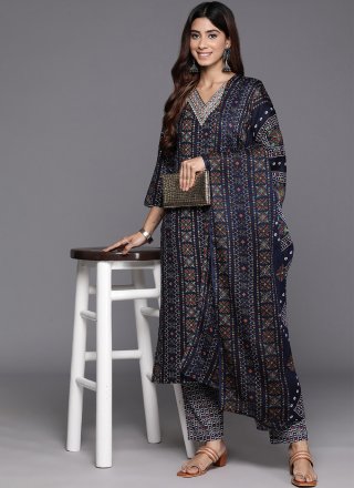 Blue Blended Cotton Salwar Suit with Embroidered Work for Ceremonial