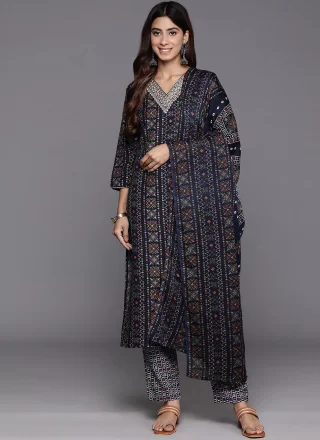 Blue Blended Cotton Salwar Suit with Embroidered Work for Ceremonial