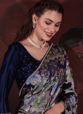 Blue Brasso Diamond and Floral Patch Work Classic Sari